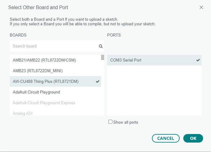 Arduino's user interface to celect board and ports