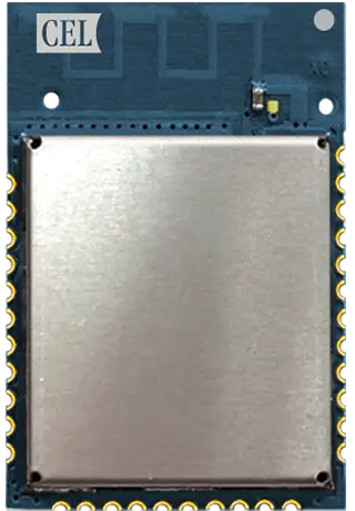 CEL CMP53x multiprotocol wireless module – front view showing metal RF shield, castellated edge pads, and on-board antenna trace